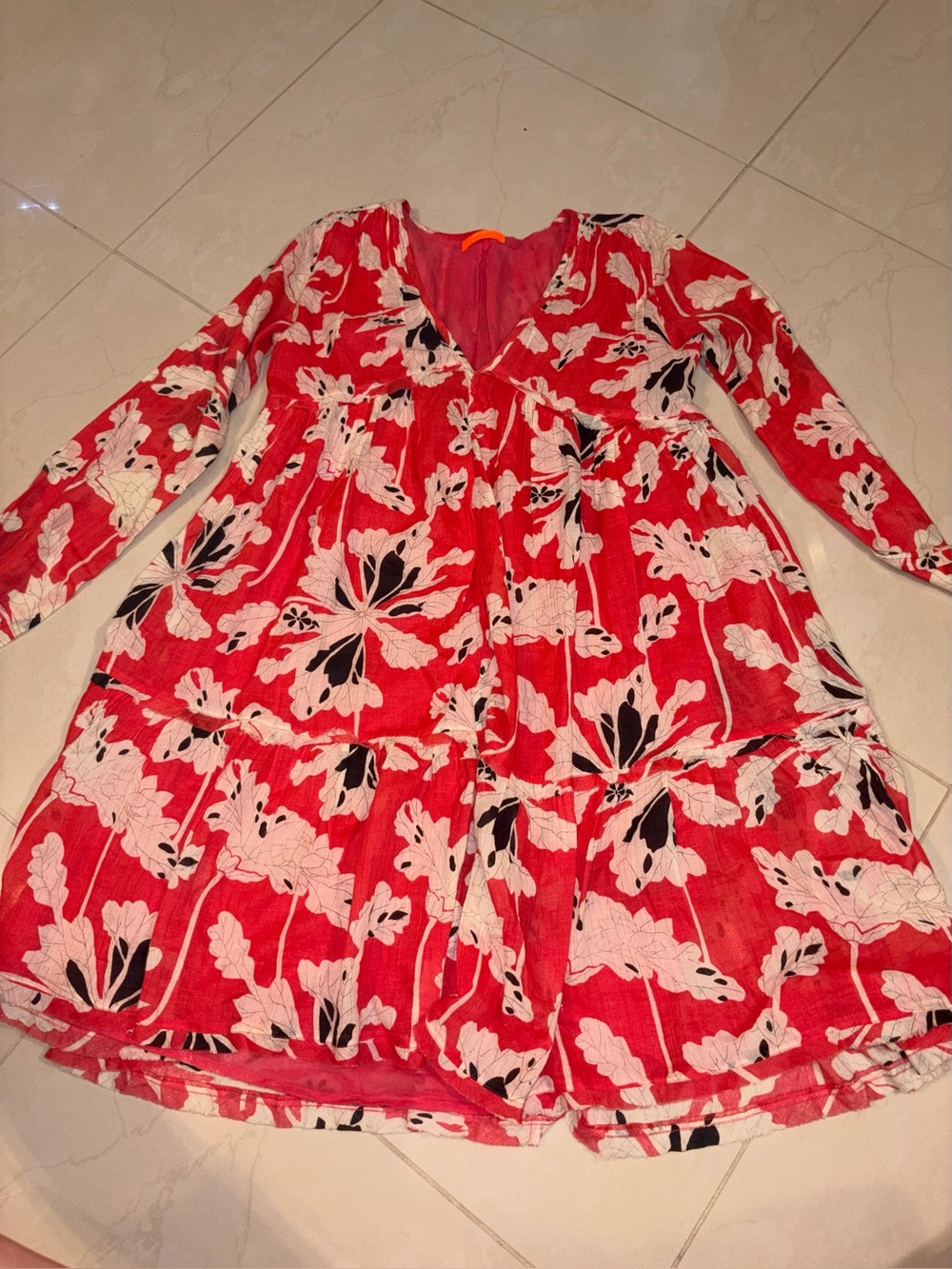 Ba&sh Red white Floral Long Sleeve Mini Dress Boho Bohemian